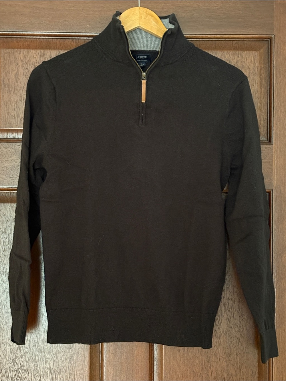 J. Crew Factory Men's Black Quarter-Zip Sweater with Leather Pull